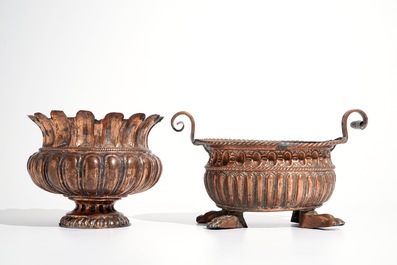 An exceptionally large brass jardiniere and two smaller ones, 17/18th C.