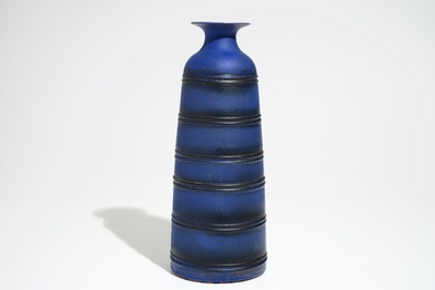 A modernist matte blue glazed vase of conical form, Perignem, 2nd half 20th C.