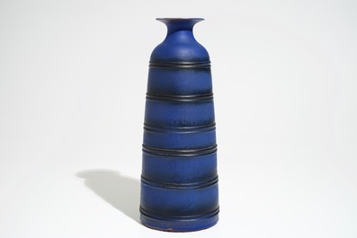 A modernist matte blue glazed vase of conical form, Perignem, 2nd half 20th C.