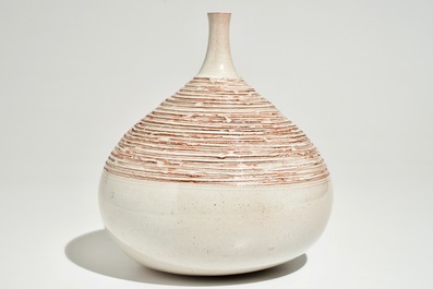 A modernist cream-white glazed sgraffito decorated vase, Perignem, 2nd half 20th C.