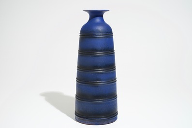 A modernist matte blue glazed vase of conical form, Perignem, 2nd half 20th C.