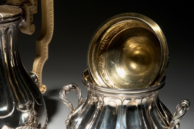 A Louis XVI silver coffeepot and milk jug with ivory handles and a sugar pot, marked for J. Roelandts, Ghent, 1779