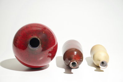 Three oxblood glazed and matte finished modernist vases, Perignem, 2nd half 20th C.