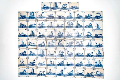 A field of 67 Dutch Delft blue and white tiles with sea creatures and ships, 18th C.