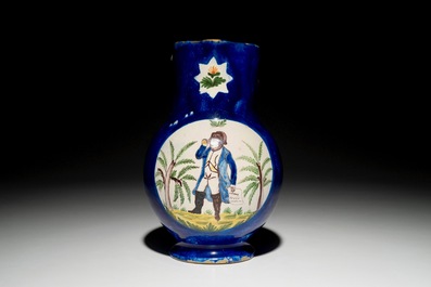 A blue ground Brussels faience jug with Napoleon, 19th C.