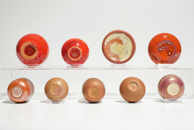 Nine small modernist vases with various red and brown glazes, Perignem and Amphora, 2nd half 20th C.