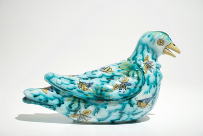 A Brussels faience dove-shaped tureen with butterflies and caterpillars, 18th C.