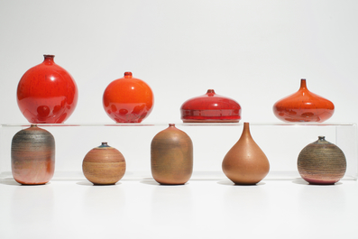 Neuf petits vases modernistes aux &eacute;maux rouges et bruns, Perignem et Amphora, 2&egrave;me moiti&eacute; du 20&egrave;me