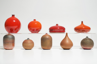 Nine small modernist vases with various red and brown glazes, Perignem and Amphora, 2nd half 20th C.