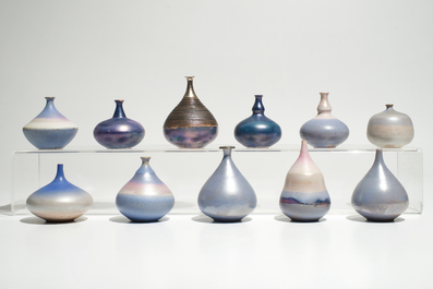 Onze petits vases modernistes aux &eacute;maux bleu&acirc;tres, Perignem et Amphora, 2&egrave;me moiti&eacute; du 20&egrave;me