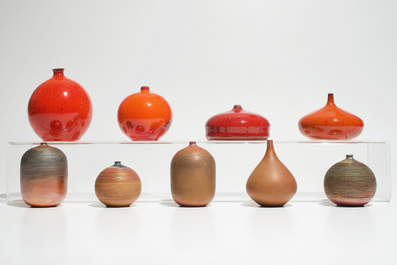 Nine small modernist vases with various red and brown glazes, Perignem and Amphora, 2nd half 20th C.