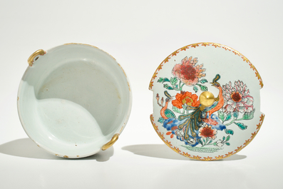 A polychrome Dutch Delft petit feu butter tub after a Chinese famille rose example, 18th C.
