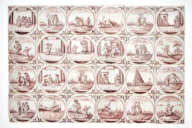 A set of 124 Dutch Delft manganese tiles with religious scenes in central medallions, 18th C.