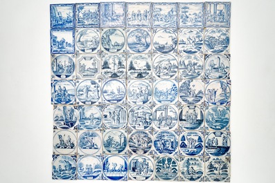 Een veld van 49 blauwwitte Delftse tegels met bijbels decor, 18/19e eeuw