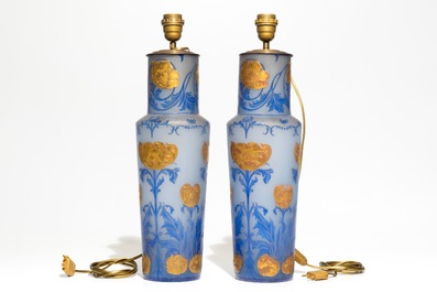 A pair of Art Nouveau glass paste vases mounted as lamps, prob. France, 19/20th C.