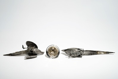 Two silver pheasants, a table bell and a pair of marble urns and covers, 19/20th C.