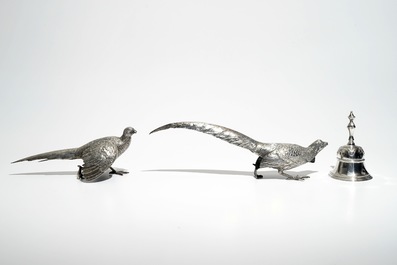 Two silver pheasants, a table bell and a pair of marble urns and covers, 19/20th C.