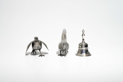 Two silver pheasants, a table bell and a pair of marble urns and covers, 19/20th C.