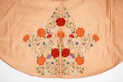 A salmon silk matador cape with embroidered floral design, Spain, 1st half 20th C.