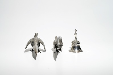 Two silver pheasants, a table bell and a pair of marble urns and covers, 19/20th C.