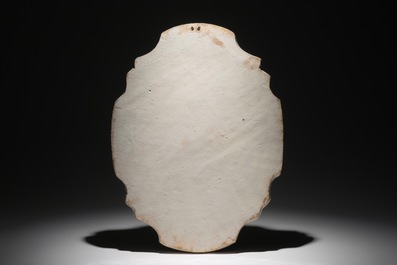 A large Dutch Delft blue and white chinoiserie plaque, 18th C.