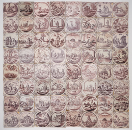 A field of 64 Dutch Delft manganese tiles with religious scenes in central medallions, 18th C.