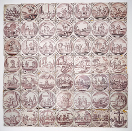 Un ensemble de 49 carreaux en fa&iuml;ence de Delft mangan&egrave;se aux sujets religieux, 18/19&egrave;me