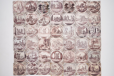 A field of 42 Dutch Delft manganese tiles with religious scenes in central medallions, 18th C.