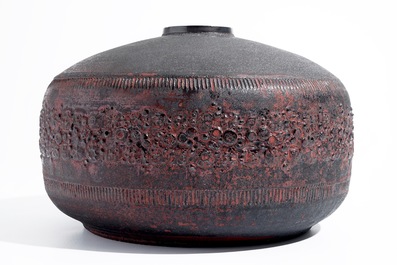 A large cylindrical modernist vase with matte black and luster glazed relief design, Perignem, 2nd half 20th C.