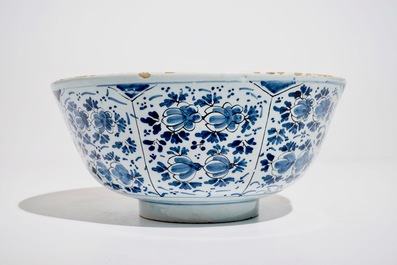 A large Dutch Delft blue and white floral bowl, 18th C.