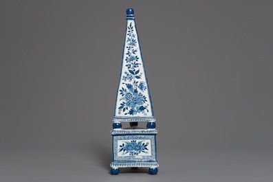 A blue and white Delft style obelisk with floral design, Braunschweig, Germany, 18th C.