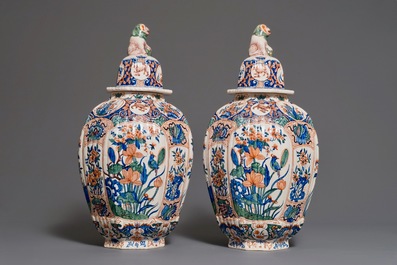 A pair of large Delft style cashmire palette covered vases, France, 19th C.