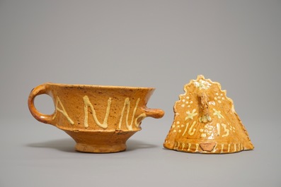 A Dutch slipware miniature fire bell dated 1613 and a bowl dated 1593, Northern Netherlands, 16/17th C.