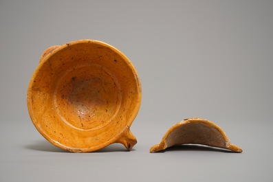 A Dutch slipware miniature fire bell dated 1613 and a bowl dated 1593, Northern Netherlands, 16/17th C.