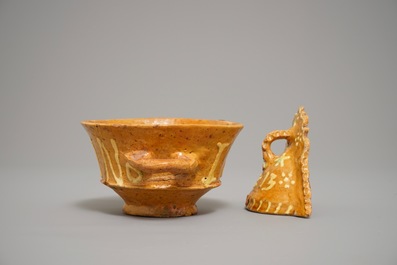 A Dutch slipware miniature fire bell dated 1613 and a bowl dated 1593, Northern Netherlands, 16/17th C.