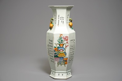 A hexagonal Chinese qianjiang cai two-sided design vase, 19/20th C.