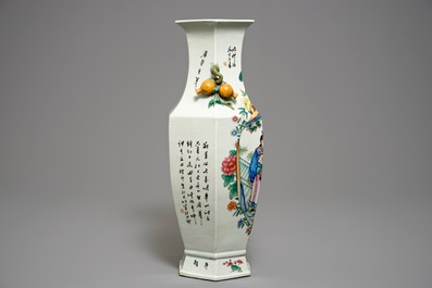 A hexagonal Chinese qianjiang cai two-sided design vase, 19/20th C.