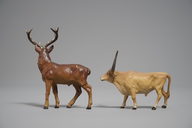 Een collectie Duitse elastoline en lineol figuren van dieren, firma Hausser, 1e helft 20e eeuw