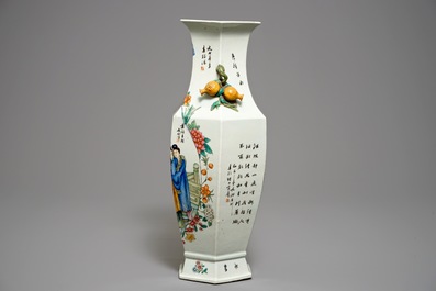 A hexagonal Chinese qianjiang cai two-sided design vase, 19/20th C.