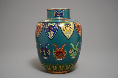 A Chinese cloisonn&eacute; jar and cover with taotie masks, 19th C.