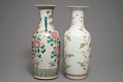 Two large Chinese famille rose vases with birds and flowers, 19th C.