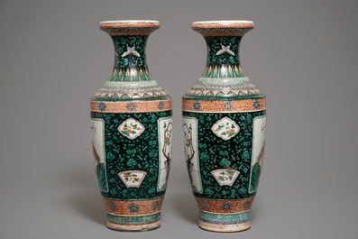 A pair of Chinese verte-noire vases with birds, 19th C.