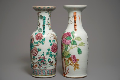 Deux vases en porcelaine de Chine famille rose et qianjiang cai aux oiseaux, 19&egrave;me