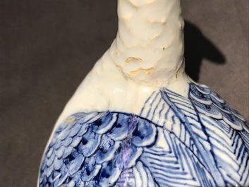 A Dutch Delft blue and white plover-shaped butter tub, 18th C.