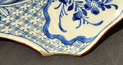 A Dutch Delft blue and white chinoiserie shaving bowl, 18th C.