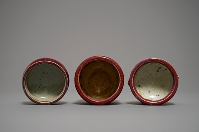 Two Chinese oxblood-glazed incense burners and a brush pot, 19/20th C.