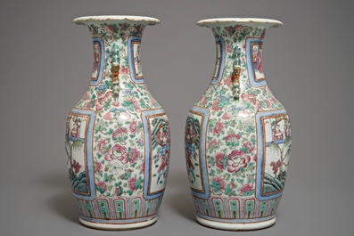 A pair of Chinese famille rose vases with warriors on horseback, 19th C.
