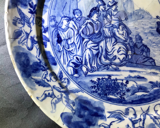 Sept assiettes en fa&iuml;ence de Delft bleu et blanc aux sujets religieux, 18&egrave;me