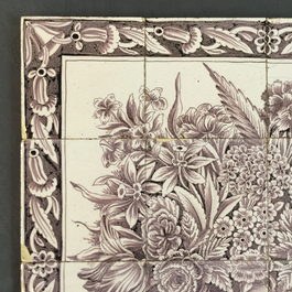 A manganese Dutch Delft tile panel with a flowervase, 2nd half 18th C.