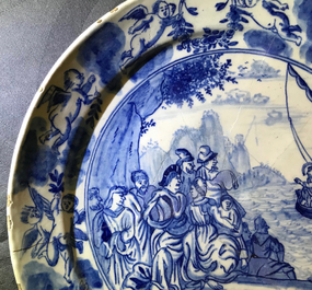 Zeven fijne blauwwitte Delftse borden met bijbelse voorstelling, 18e eeuw